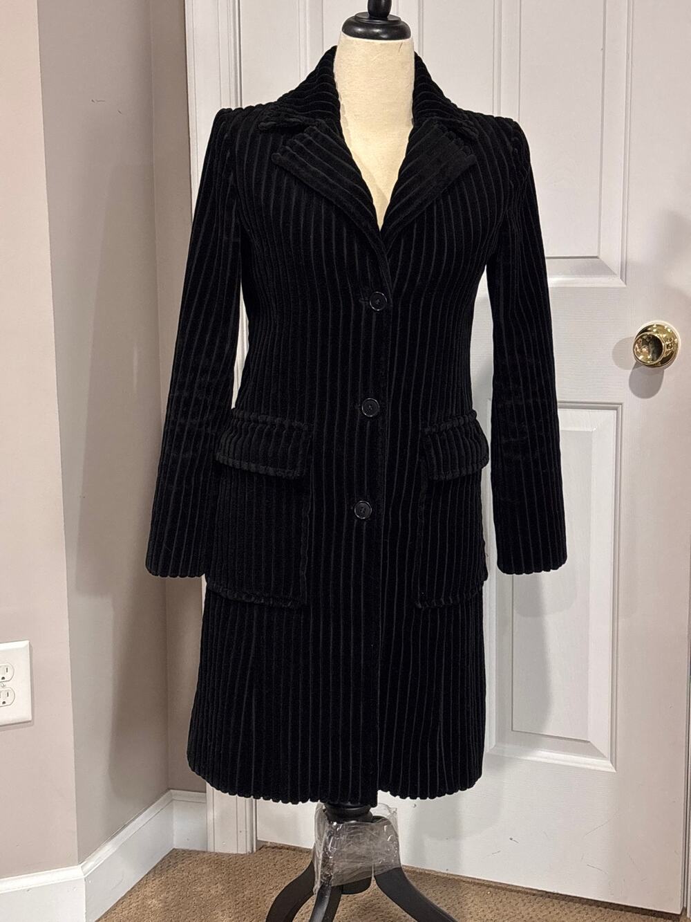 Vintage Sisley Sz 10-12 Italian Striped Cotton Jacket Coat Goth Emo Black VTG